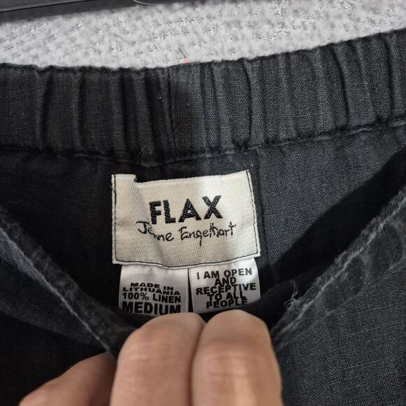 FLAX Women's Black Elastic Waist Linen Pockets Lagenlook Pants Medium - Picture 2 of 6